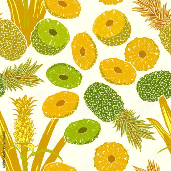 Obraz Pineapple seamless pattern with tropical leaves and fruit 