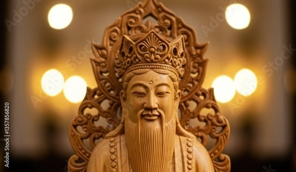 Obraz Wooden statue of a serene, bearded deity, Carved with intricate detail,