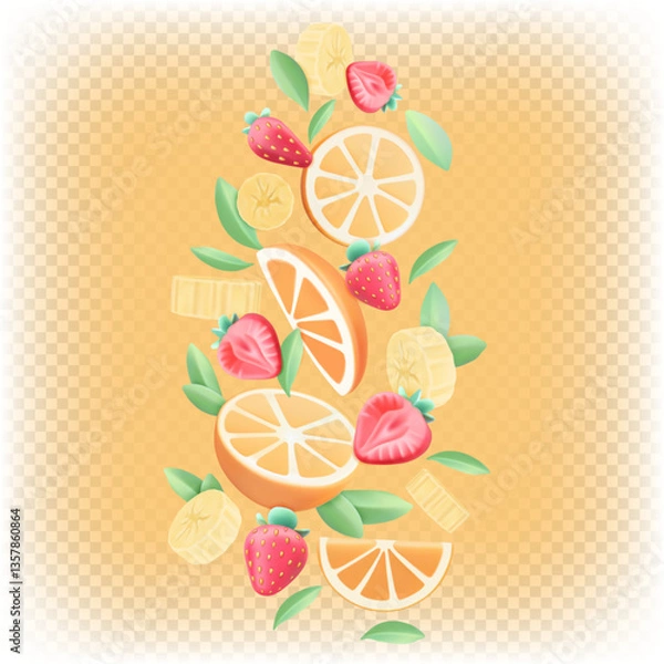 Obraz Orange strawberry banana mix. Vector 3d cartoon illustration of fruit salad, smoothie, yogurt, dessert.