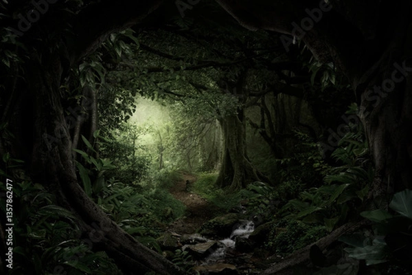 Fototapeta Dim light filters through the dense foliage of a tropical rainforest.