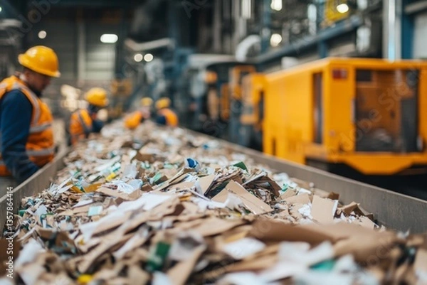 Fototapeta Workers are focused on carefully sorting materials at a recycling facility, ensuring efficient processing of cardboard and other recyclables by the conveyor Generative AI