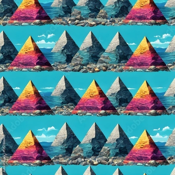 Fototapeta Digital matte painting with a pattern with a pyramid with sea stones.