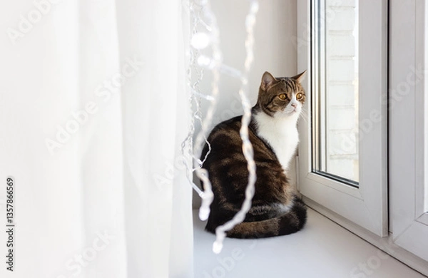 Fototapeta Surprised or scared tabby cat sits on windowsill. Pets care banner. Selective focus, copy space