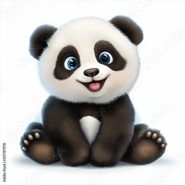 Fototapeta Cute illustrated panda cub with a cheerful expression sitting on a white background