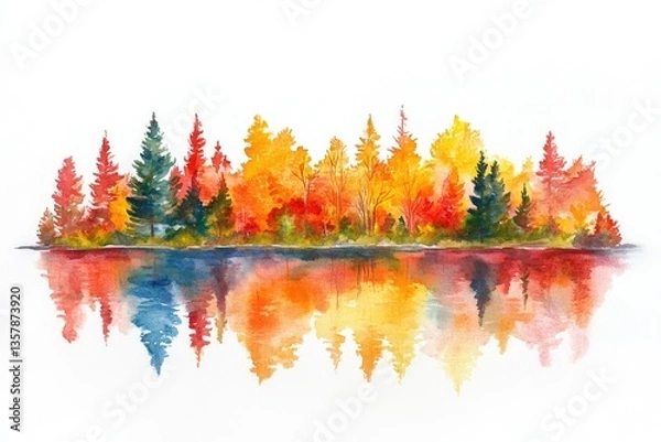 Fototapeta hand drawn watercolor painting of autumn lake. landscape painting with cabin by the lake, clear water, reflection, colorful autumn trees, forest, fall scenery, mountain background and blue sky. MZ 