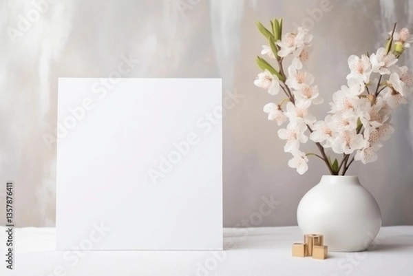 Fototapeta Blank white paper sheet mockup with flower background.