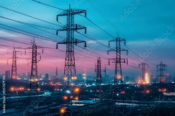 Fototapeta Power lines over city at dusk with colorful sky