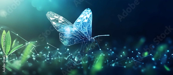 Fototapeta Glowing butterfly with digital connection network