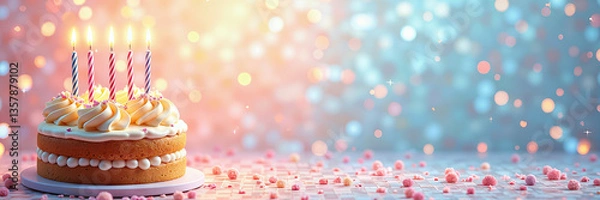 Obraz A birthday cake with five lit candles and a festive background of multi-colored lights and confetti.