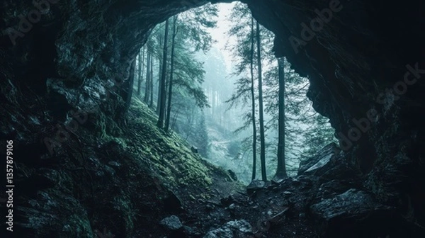 Fototapeta Misty cave opening to a forest with sunlight filtering through