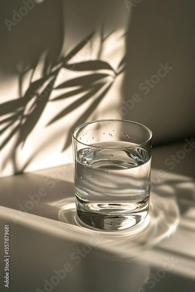 Fototapeta A glass of water on a clean table with soft sunlight