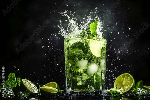 Fototapeta Splashing mojito cocktail with lime and mint leaves
