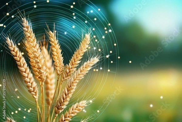 Fototapeta Golden Wheat Stalks Encased In A Digital Network