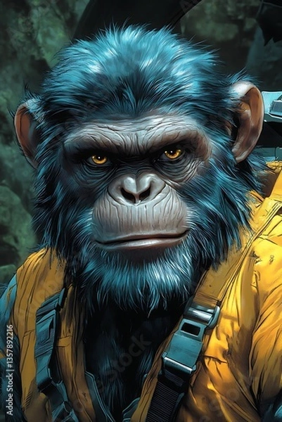 Obraz An anthropomorphic ape in yellow attire gazes directly at the viewer