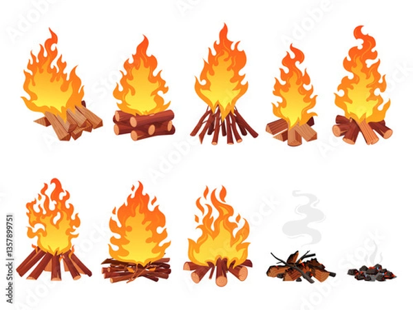 Fototapeta Wood campfire set. Camping fire firewood, signal bonfire on beach outdoor fireplace with burn coal or wooden log extinguished flame cartoon campfires, tidy vector illustration