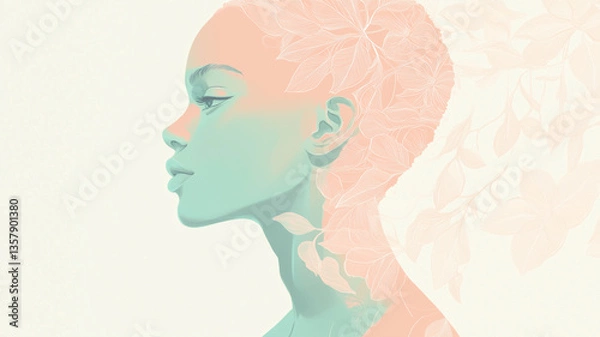 Fototapeta パステルカラーで描かれたノンバイナリーの横顔と抽象的なやさしさ