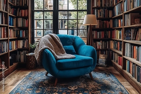 Obraz A cozy room with a comfortable chair surrounded by bookshelves