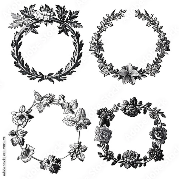 Fototapeta Vintage set of laurel wreaths. Woodcut engraving style illustration. Isolated.