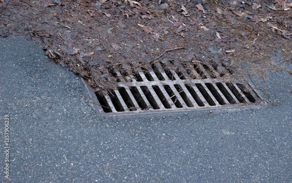 Fototapeta old storm drainage grate partially covered by rotting leaves from the previous year