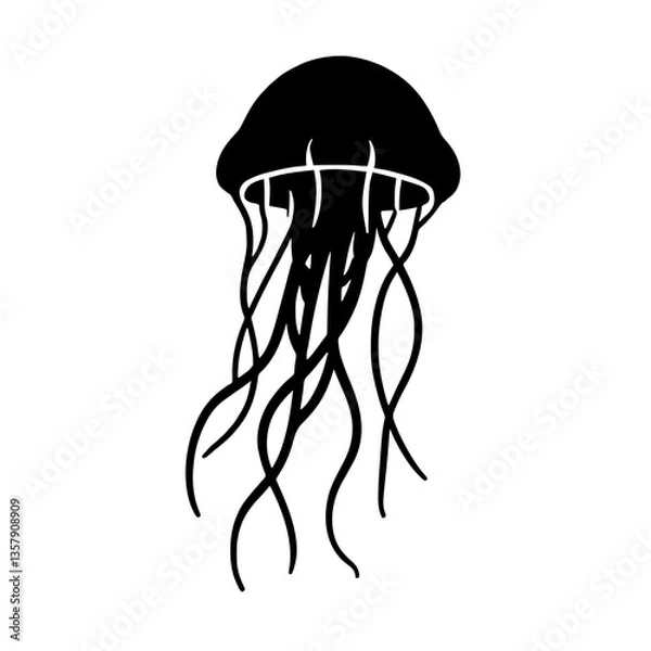 Fototapeta Minimalist black silhouette of a jellyfish with flowing tentacles