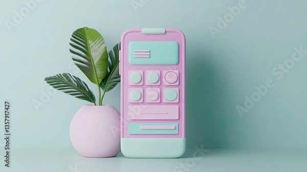 Fototapeta Colorful smartphone design with plant minimalist studio 3d render trendy aesthetic
