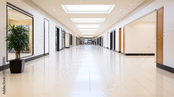 Fototapeta Modern shopping mall interior with polished floors, bright lighting, and empty storefronts