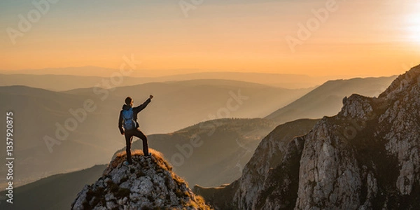 Fototapeta A happy man hikers standing with arms up on the mountain top celebrates successful completed hiking route with a panorama landscape, adventure travel. Concept of success, win, reaching a goals.
