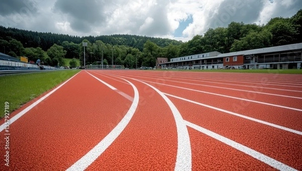 Fototapeta Red running track curves towards lush green hills