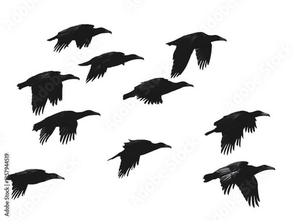 Fototapeta Silhouette Illustration Flying Birds Group Migration Against Black Background