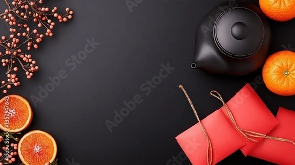 Obraz Festive Lunar New Year celebration with oranges and red envelopes