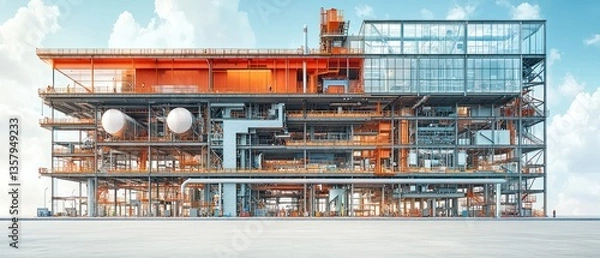 Fototapeta Multi-level industrial facility, intricate piping, and structural framework.  Detailed cutaway view reveals complex inner workings