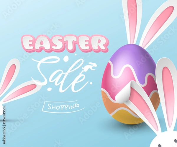 Obraz Easter sale banner with paper cutout bunny ears, a realistic coloured egg, a silhouette of a hopping rabbit. Vector festive template with discount text and 3D Easter inscription on a blue background.