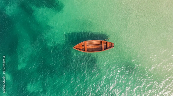 Fototapeta Top View of Rowboat on Ocean with Isolated White Background