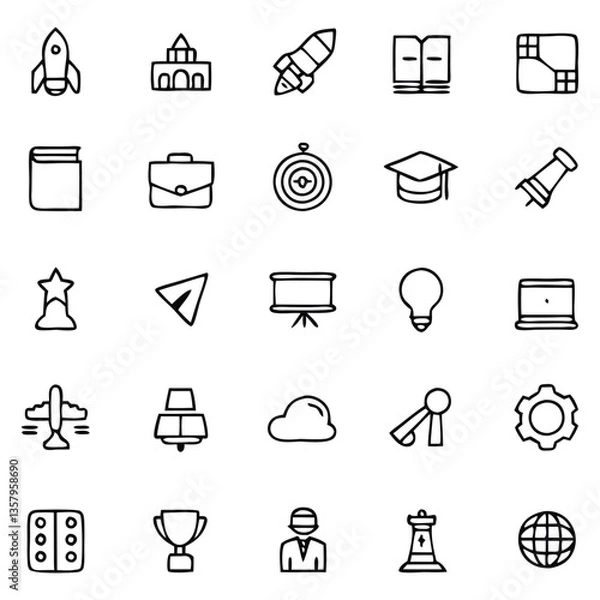 Fototapeta Education and Startup Doodle Icon Set – Hand-Drawn Vector Line Icons Featuring Rocket, Book, Graduation Cap, Trophy, Compass, Globe, Briefcase, Lightbulb, Gears, and Cloud for Learning, Innovation, an