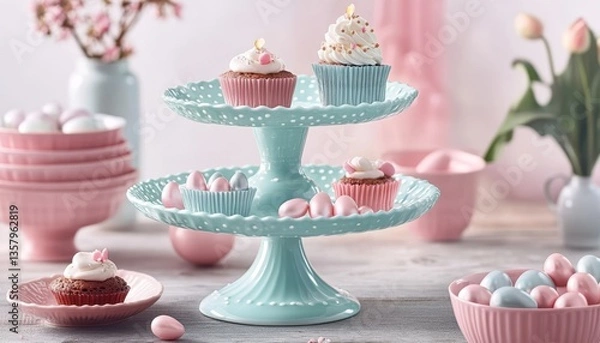 Fototapeta A decorative cake stand holds three tiers of beautifully arranged cupcakes, showcasing an array of colors and designs for an enticing presentation.