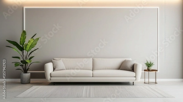 Fototapeta Luxury home minimalist and exclusive, A minimalist living room featuring a light sofa, decorative plants, and a simple wall design, creating a serene and modern atmosphere.
