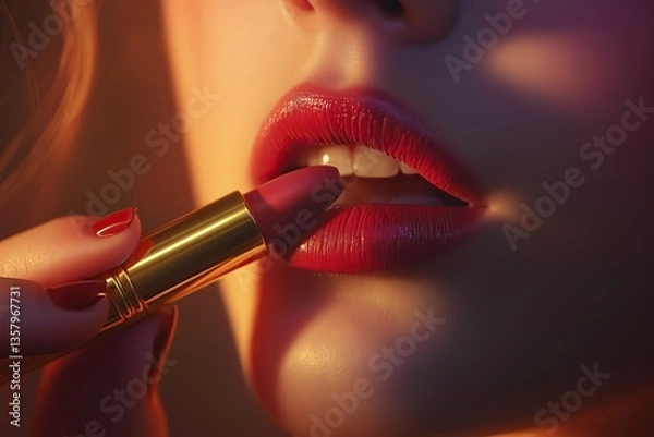 Fototapeta Part of a young woman's face, lips and chin, while applying lipstick