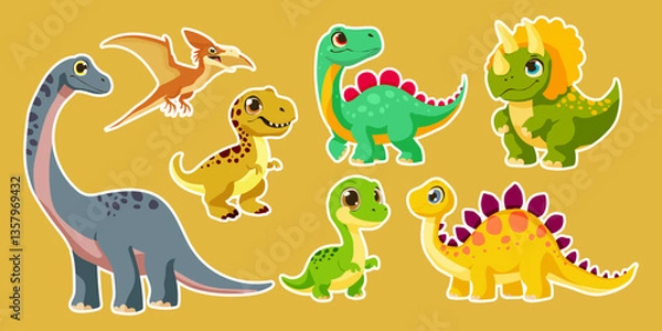 Fototapeta A collection of dinosaur stickers with different sizes and colors. The stickers include a T-Rex, a Stegosaurus, a Triceratops, and a Brachiosaurus