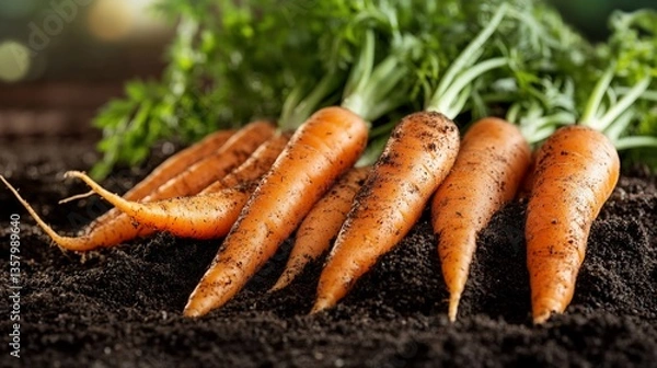 Fototapeta Freshly harvested carrots with soil and green tops (1)
