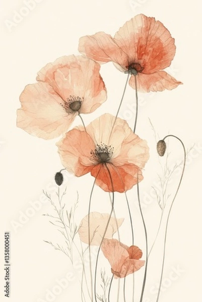 Fototapeta Poppy Blooms: An artistic presentation of delicate poppies in full bloom. Delicate petals and graceful stems create a soft, inviting ambiance.