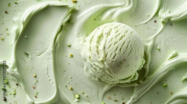 Fototapeta Close-up of a scoop of vanilla green pistachio ice cream with a smooth texture and rich, melting swirls. Delicious frozen dessert perfect for summer, ice cream parlor background