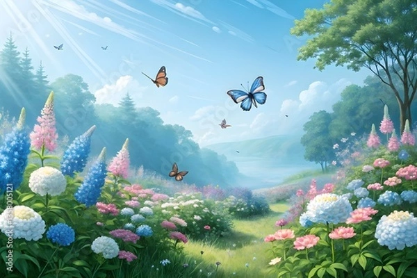 Fototapeta A Vibrant Flower Field With Colorful Butterflies Fluttering Above, Showcasing Nature’s Beauty and Tranquility