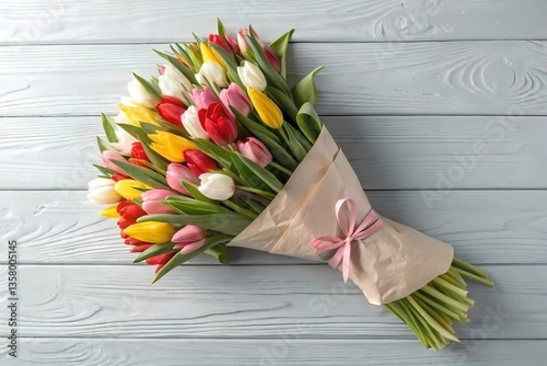 Fototapeta A Cheerful Bouquet of Multicolored Tulips Placed on a Wooden Surface, Capturing the Essence of Springtime Beauty