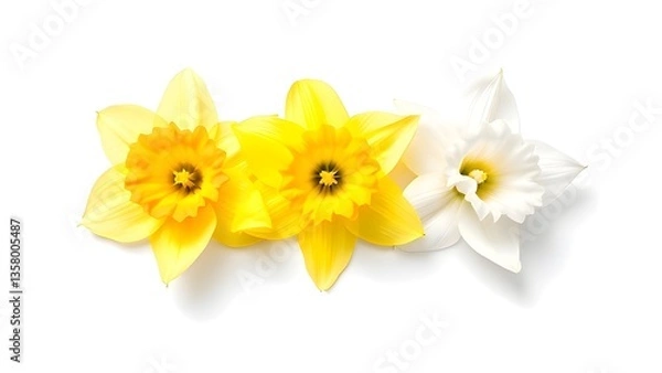 Fototapeta Three Daffodils Arranged Neatly on a White Surface, Emphasizing Their Bright Yellow Flowers and Slender Green Stems