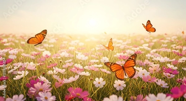 Fototapeta Butterflies Fluttering Gracefully Above a Vibrant Field of Colorful Flowers in Full Bloom