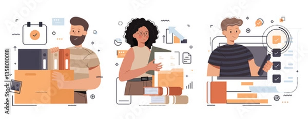 Obraz Office workers organizing data storage and file archive on server or computer. PC users searching documents on database. Vector illustration set for information technology, source concept