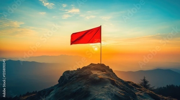 Fototapeta A scenic mountain peak bathed in golden sunlight, with a narrow path leading to a single flag pole adorned with a blue flag.