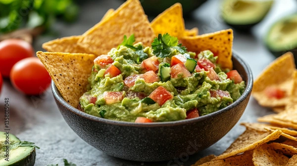 Obraz Tasty guacamole with chips and fresh ingredients
