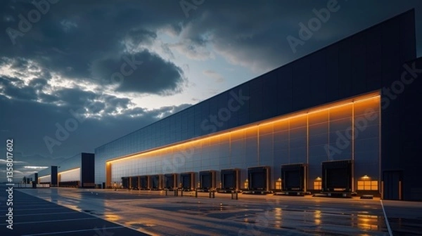 Fototapeta A large exterior warehouse with many trucks parked outside at evening