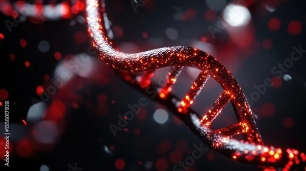 Fototapeta Close-up of DNA strand with glowing red particles